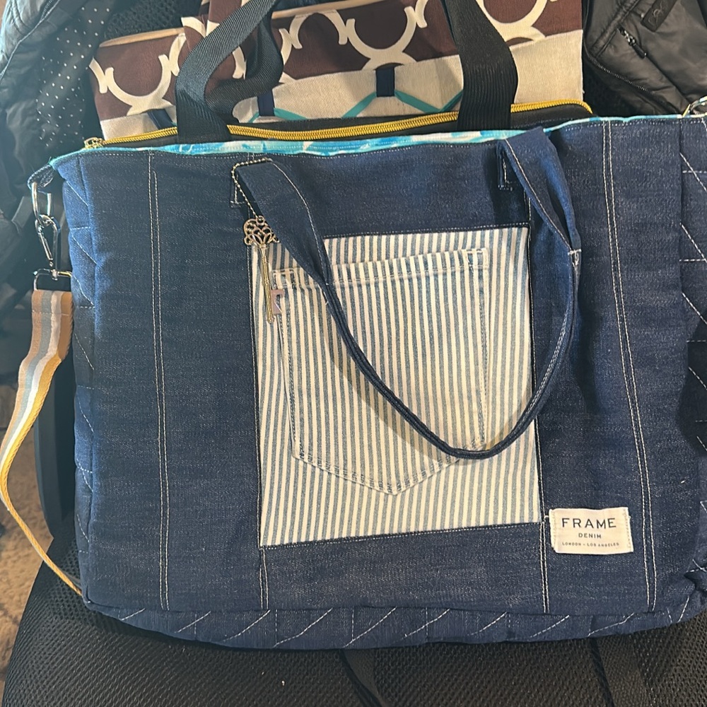 Handmade quilted upcycled  Frame Denim Indigo and Striped Tote